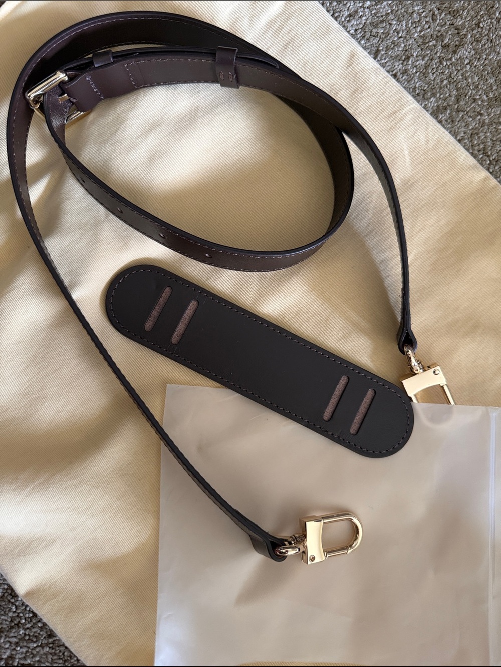 Adjustable Dark Brown Leather Bag Strap with Gold Hardware